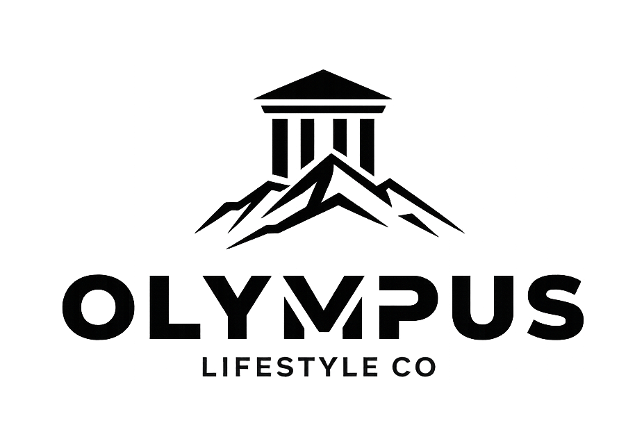 Logo of Olympus Lifestyle Co with a mountain and temple design on a white background