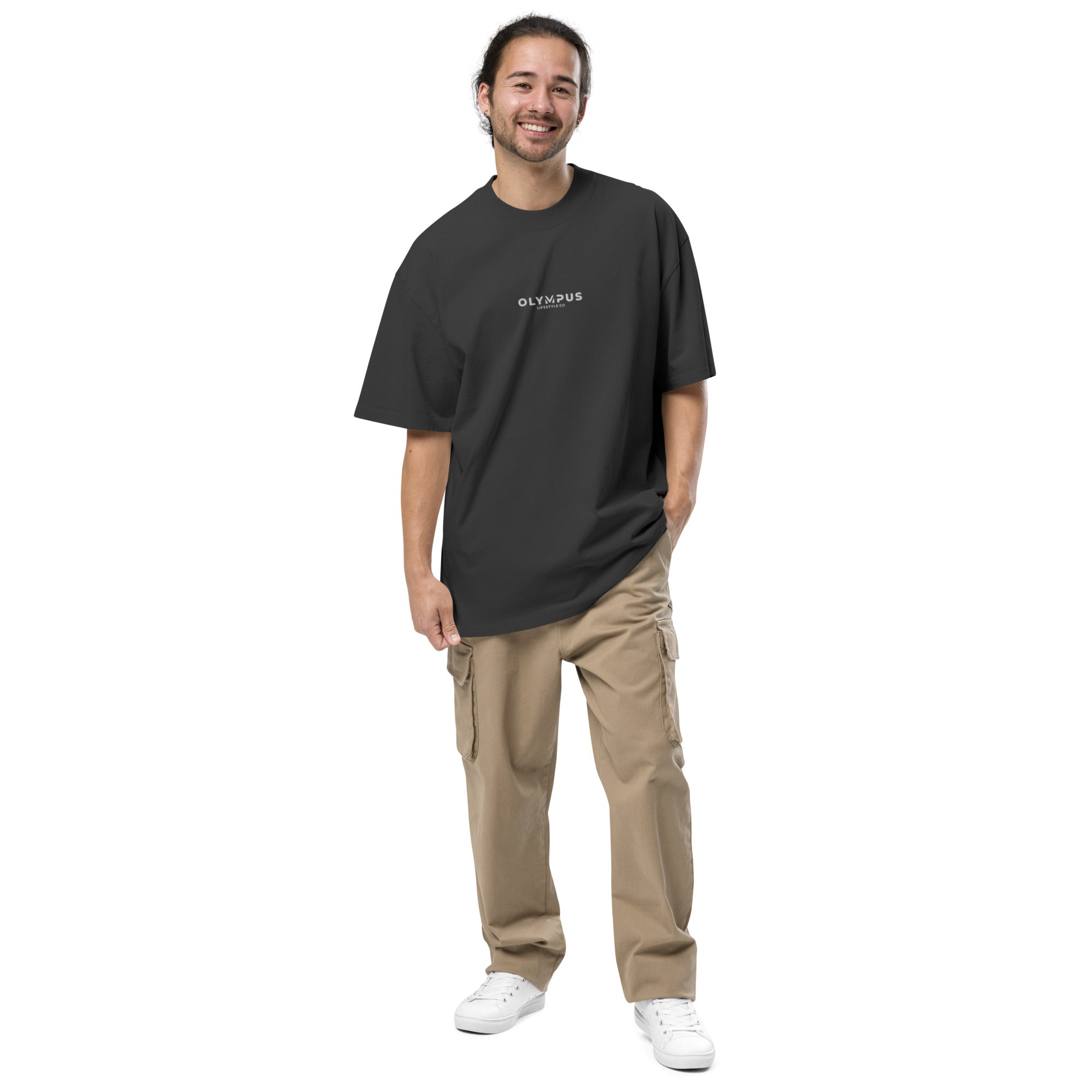 Olympus Men's Embroidered Oversized T-Shirt White Text Logo