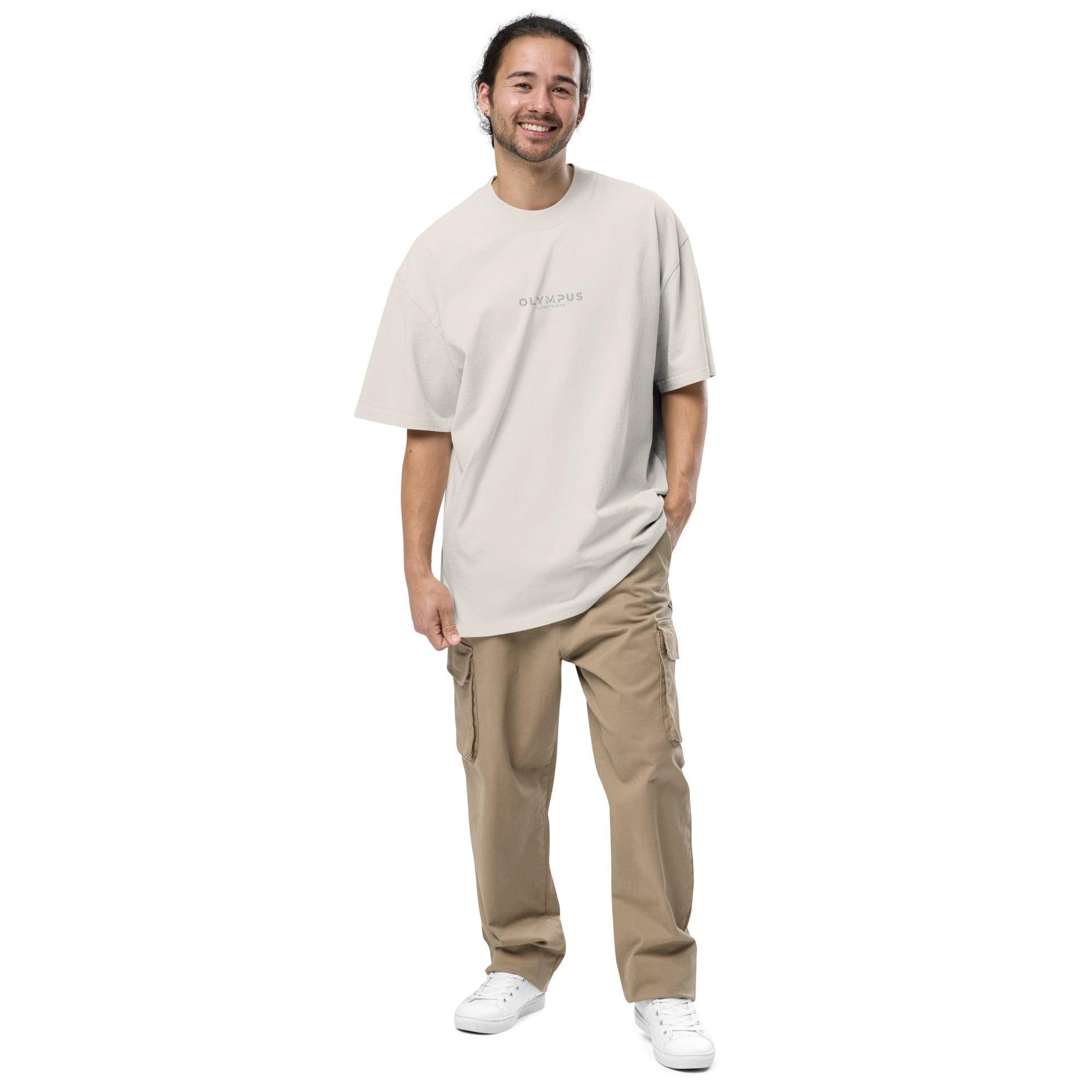 Olympus Men's Embroidered Oversized T-Shirt White Text Logo