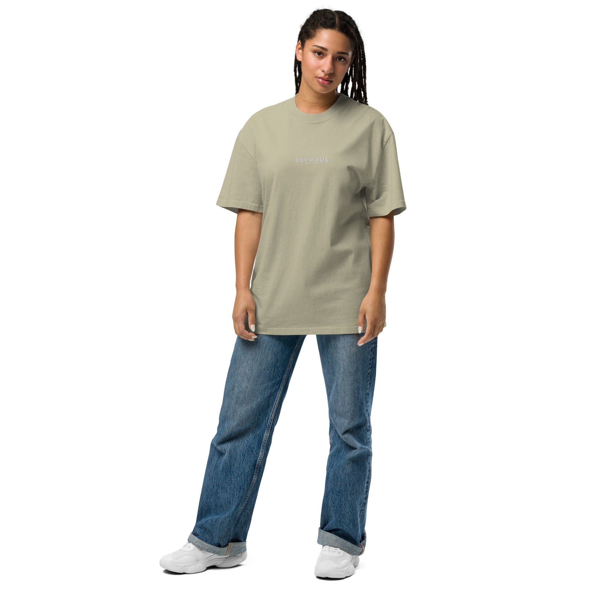 Olympus Women's Embroidered Oversized T-Shirt White Text Logo