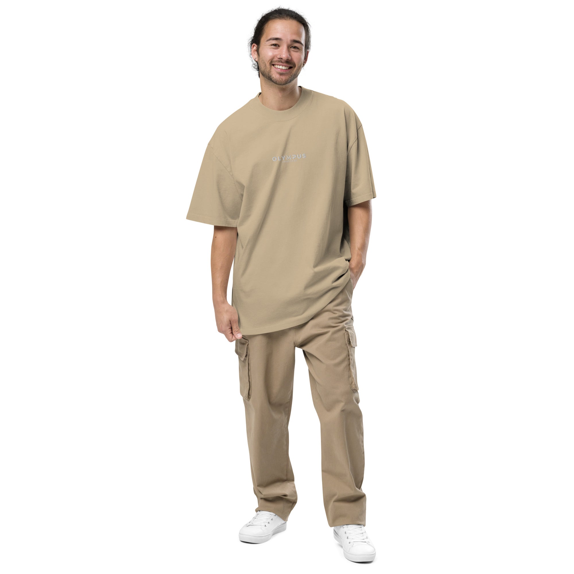 Olympus Men's Embroidered Oversized T-Shirt White Text Logo
