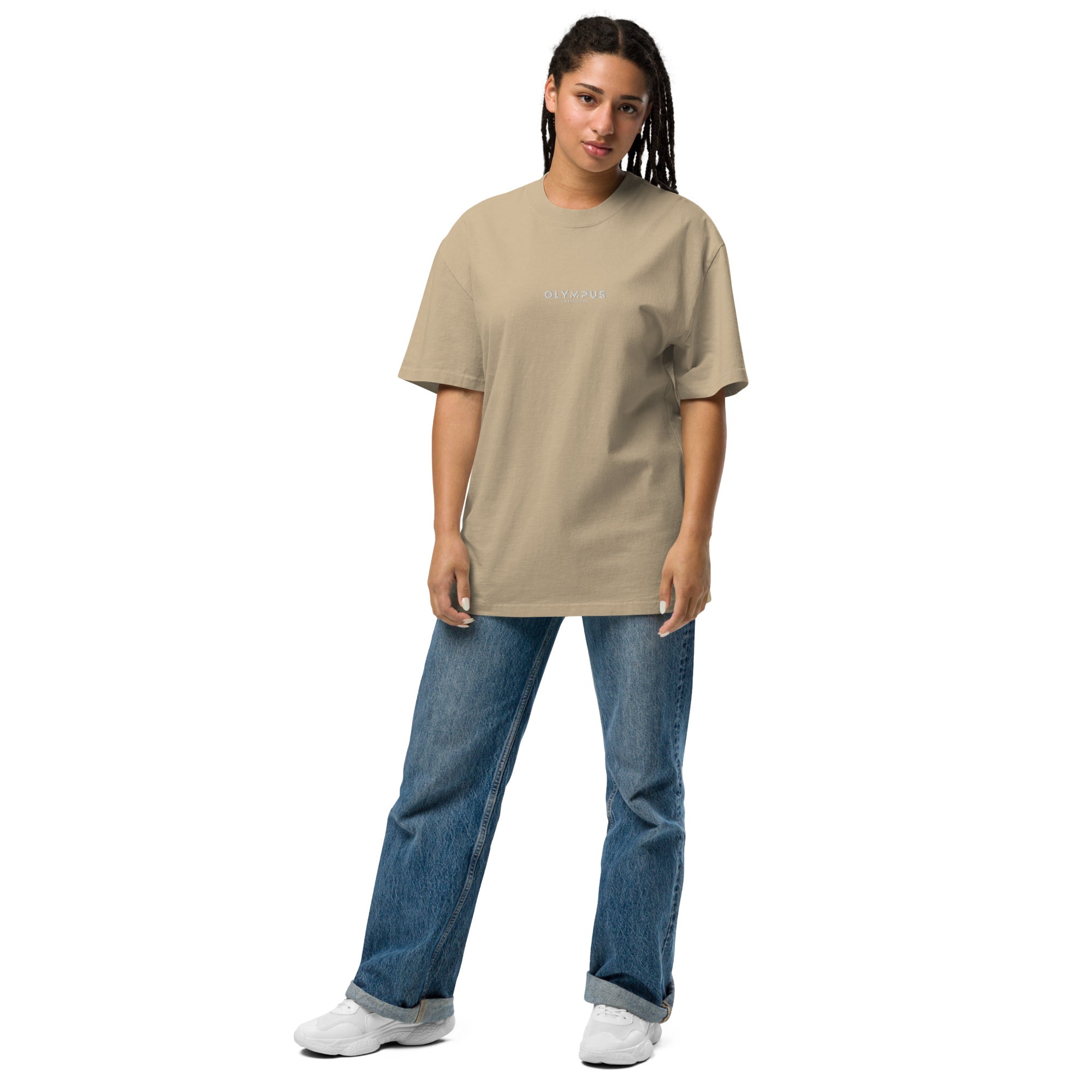 Olympus Women's Embroidered Oversized T-Shirt White Text Logo