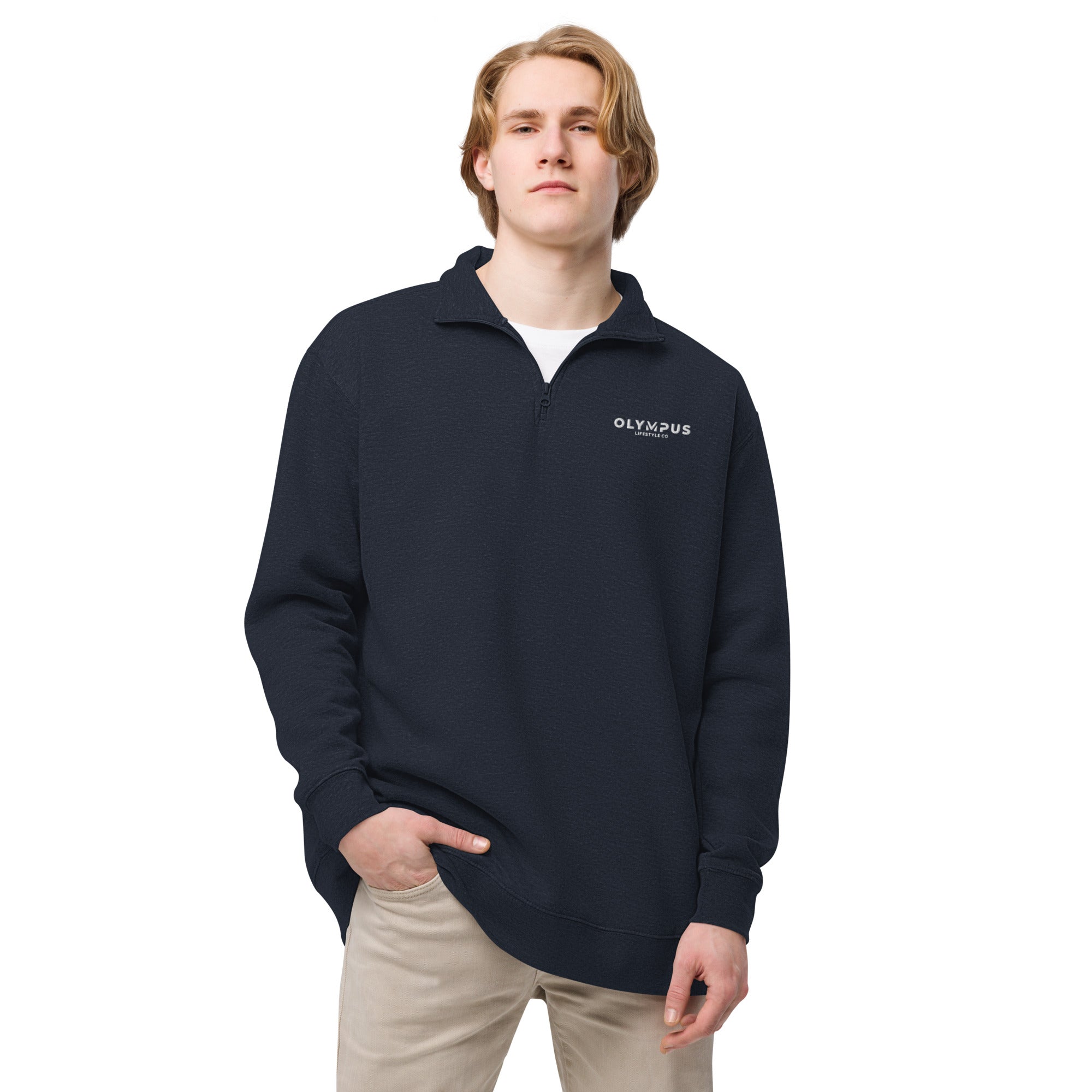 Olympus Men's Embroidered Fleece Pullover White Text Logo